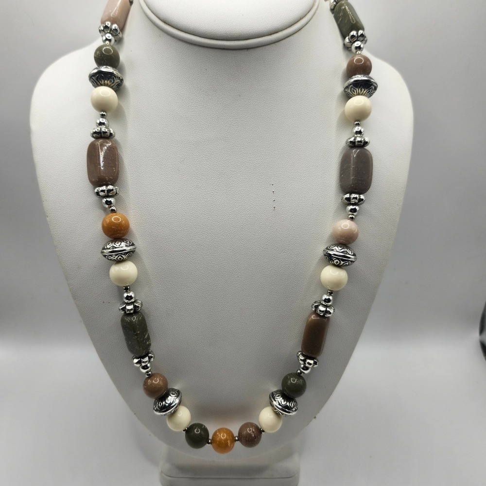 Earth Tone Multi Faux Stone Beaded Necklace Silver Tone Accents Boho Chunky